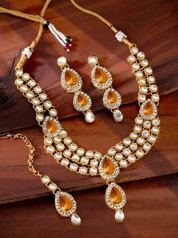 Peora - Gold Plated Traditional Kundan Long Necklace Jewellery Set Earring Maang Tikka-PF25N009LCT