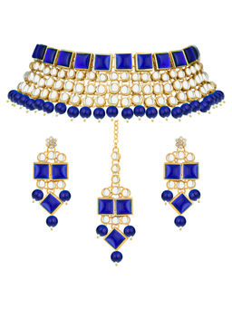 Peora - Gold Plated Traditional Blue Kundan Choker Necklace & Earrings & Maang Tikka -PF25N026B