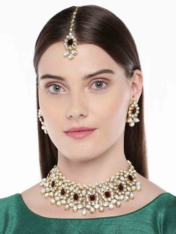 Peora - Brass Maroon Collar Designer Gold Plated Necklaces Set For Women-PF25N031M