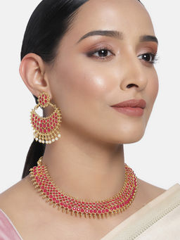 Peora - Gold Plated Stone Choker Necklace Jewellery Set For Women- PF25N051R