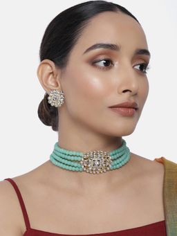 Peora - Gold Plated Traditional Faux Pearl Beaded Choker Necklace & Earrings Set-PF25N052MNT