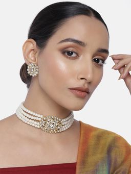 Peora - Gold Plated Traditional Faux Pearl Beaded Choker Necklace & Earrings Set-PF25N052W