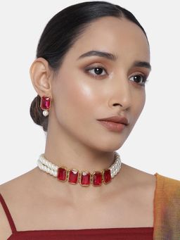 Peora - Gold Plated Traditional Pearl Beaded Choker Necklace & Earrings Jewellery Set-PF25N062RP