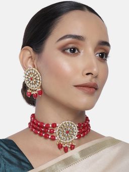 Peora - Gold Plated Faux Pearl Maroon Beaded Choker Necklace Jewellery Set-PF25N067M