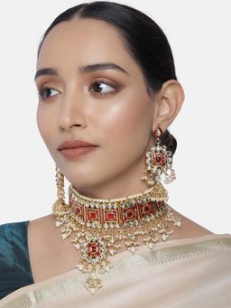 Peora - Gold Plated Red Meenakari Bridal Choker Necklace Earring Jewellery Set-PF25N071R