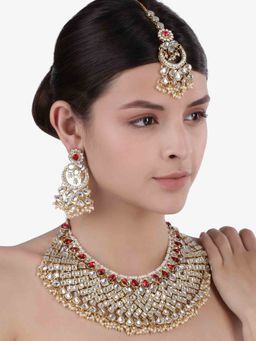 Peora - Red God-Plated Polki Look Kundan Bridal Necklace Earring Set With Maang Tikka-PF25N1150R
