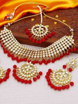 Peora - Brass Red Choker Designer Gold Plated Necklaces Set For Women-PF25N1151R