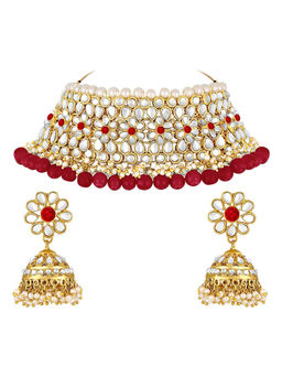Peora - Gold Plated Traditional Kundan Faux Pearl Choker Necklace Earring Set-PF25N1161R