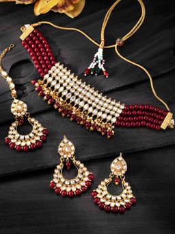 Peora - Gold Plated Kundan Pearl Choker Necklace Earring Maang Tikka (Set of 3)-PF25N1165M