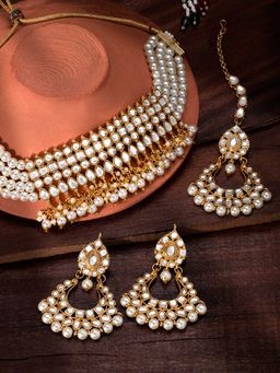 Peora - Ethnic Gold Plated Choker Necklace & Earring Maang Tikka (Set of 3)-PF25N1165W
