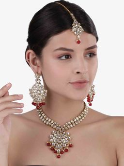 Peora - Gold Plated Long Traditional Kundan Necklace Earring Set With Maang Tikka & Girls-PF25N1215M