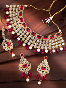 Peora - Brass Red Choker Designer Gold Plated Necklaces Set For Women-PF25N708RP