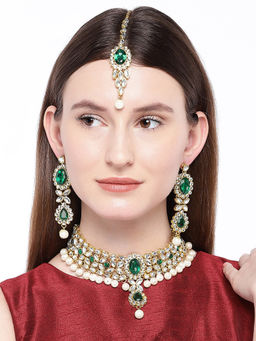 Peora - Jewellery 18K Gold Plated Kundan Pearl Floral Necklace Earring Mang Tikka Set-PF25N831G