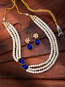 Peora - Pearl Mala Blue Necklace & Earrings Traditional Stylish Ethnic Jewellery Set-PF26N1145B