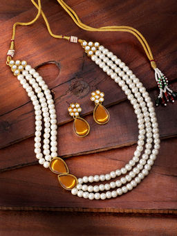Peora - Pearl Mala Champagne Necklace & Earrings Traditional Stylish Ethnic Jewellery-PF26N1145LCT