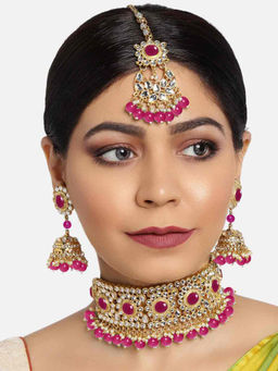Peora - Traditional Wedding Adjustable Choker Necklace Earring Maang Tikka Jewellery -Set of 3