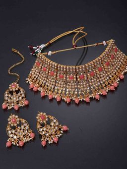 Peora - Rani Padmavati Kundan Faux Pearl Choker Necklace Earrings Maang Tikka Jewellery-PF26N1329PK