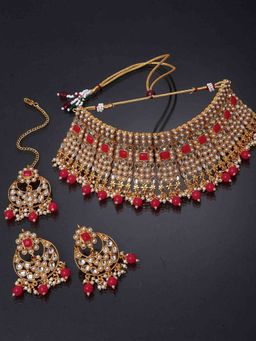 Peora - Rani Padmavati Kundan Faux Pearl Choker Necklace Earrings Maang Tikka Jewellery-PF26N1329R