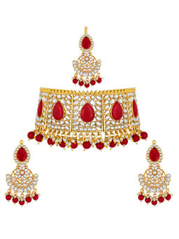 Peora - Red Kundan Necklace & Pair of Earrings and Maang Tikka (Set of 3)-PF26N1346R