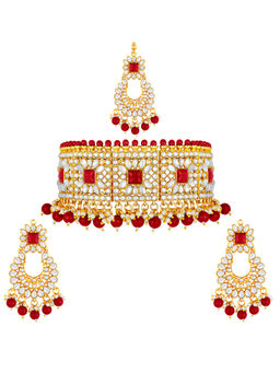 Peora - Red Kundan Necklace & Pair of Earrings and Maang Tikka (Set of 3)-PF26N1350R