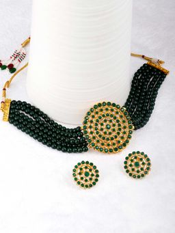 Peora - Gold Plated Green Pearl Choker Necklace with Round Earrings Jewellery Set - PF26N1374G-1