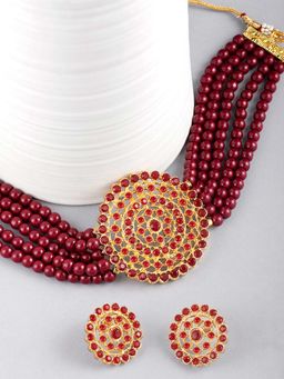 Peora - Gold Plated Maroon Pearl Choker Necklace with Round Earrings Jewellery Set - PF26N1374M-1