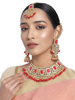 Peora - Kundan Choker Necklace & Earrings Maang Tikka Jewellery (Set of 3)-PF26N1383R
