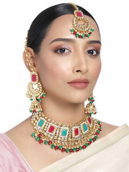 Peora - Rani Padmavati Kundan Choker Necklace Earring Jewellery (Set of 3)-PF26N1383RG