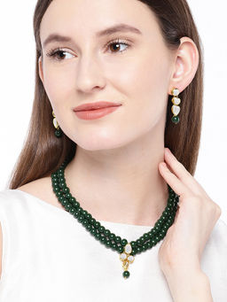Peora - Gold Plated Kundan Green Faux Pearl Long Necklace Earring Jewellery Set PF26N1419G