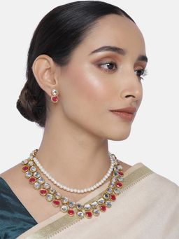 Peora - Kundan Pearl Gold Plated Rani Pink Necklace Earring Jewellery Set for Women-PF26N1422RP