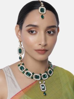 Peora - Gold Plated Green Crystal Choker Necklace Traditional Jewellery Set-PF26N1432G