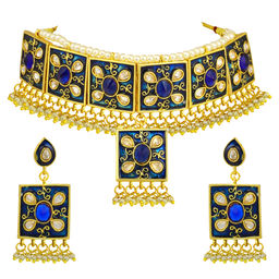 Peora - Gold Plated Hand Work Meenakari Padmavati Choker Necklace Earring Jewellery Set-PF36N16B