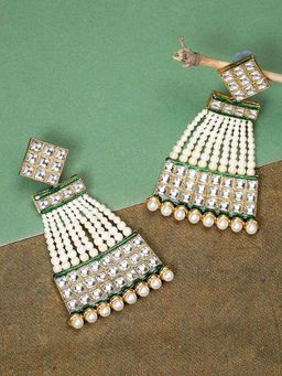 Peora - Gold Plated Kundan Pearl Elegant Green Dangle Earrings for Women-PF37E2790G