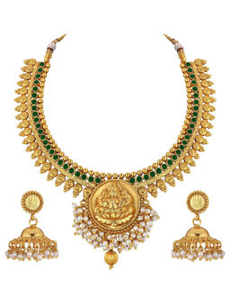 Peora - Gold Plated Green Kundan Necklace & Jhumki-PF37N013G
