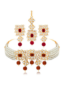 Peora - Gold Plated Traditional Maroon Kundan Faux Pearl Choker Necklace & Earrings -PF37N224WM