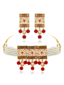 Peora - Gold Plated Maroon Kundan Pearl Rani Padmavati Choker Necklace Earrings (Set of 2)-PF37N225M