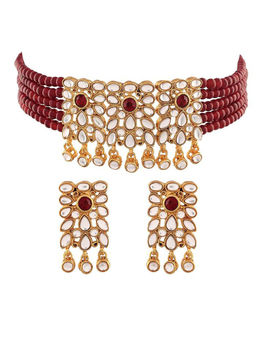 Peora - Maroon Kundan Necklace and Pair of Earrings (Set of 2)-PF37N236M
