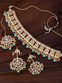 Peora - Traditional Gold Plated Kundan Necklace Jewellery Set Sky Blue - PF37N7069SB