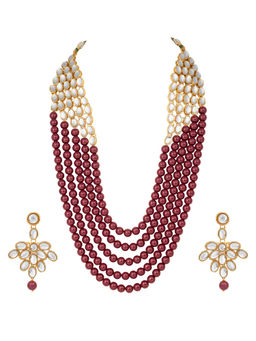 Peora - Kundan Maroon Faux Pearl Long Necklace & Earrings-PF37NIJ350M