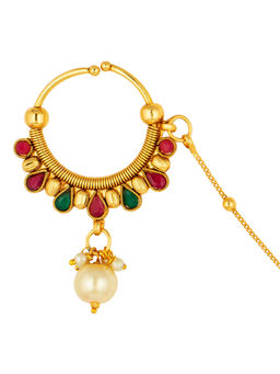 Peora - Traditional Gold Plated Designer Nose Ring Nathiya & Long Chain Bridal Jewellery-PF37NL25RG