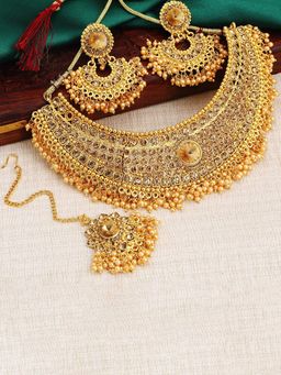 Peora - Gold Plated Necklace & Earring & Maang Tikka-PF37NM4081FL