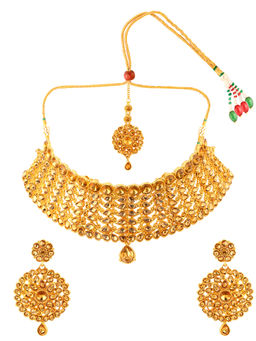 Peora - Gold Plated Choker Necklace & Earring & Maang Tikka-PF37NM4095FL