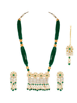 Peora - Antique Gold Plated Green Bead Layered Long Necklace & Earrings & Maang Tikka-PF37NML180G