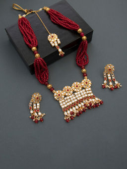 Peora - Antique Gold Plated Red Bead Layered Long Necklace & Earrings & Maang Tikka-PF37NML180M