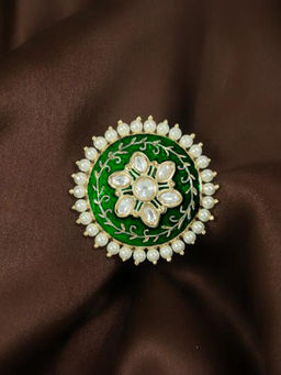 Peora - Gold Plated Green Meenakari Kundan Pearl Round Adjustable Finger Ring - PF37R170G