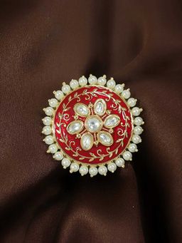 Peora - Gold Plated Red Meenakari Kundan Pearl Round Adjustable Finger Ring - PF37R170R