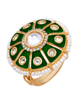 Peora - TraditionalGold Plated Green Kundan & Pearl Ring-PF37R3G