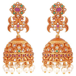 Peora - Gold Plated Matte Finish Peacock Pearl Jhumka Earrings For Women-PF42EANE159MG