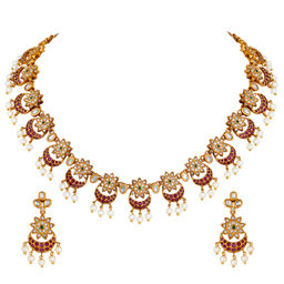 Peora - PeoraTraditional Flower Shape Ruby Emerald Choker Necklace Earring Jewellery Set-PF42NFN1066RG