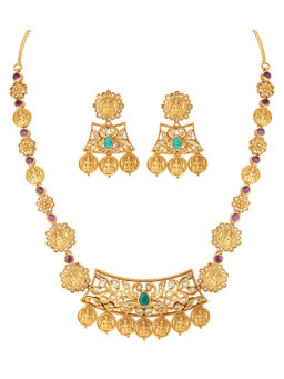 Peora - Designer Matte Gold Finish Ruby Emerald Necklace Earring Jewellery Set-PF42NFN1280RG